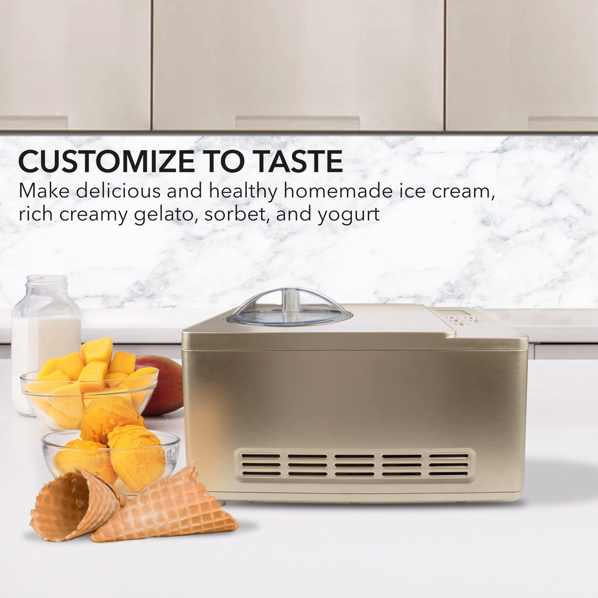 Whynter ICM-220CGY accessories with BPA-free churn blade and scoop.
