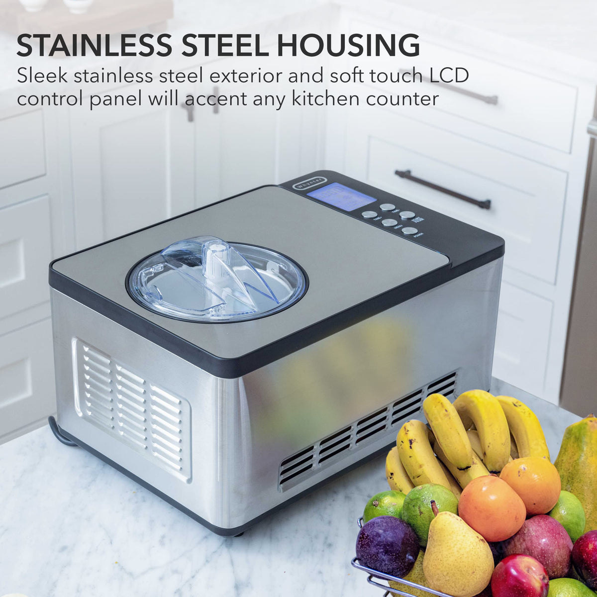 Whynter ICM-220SSY no pre-freeze design speeds ice cream prep.