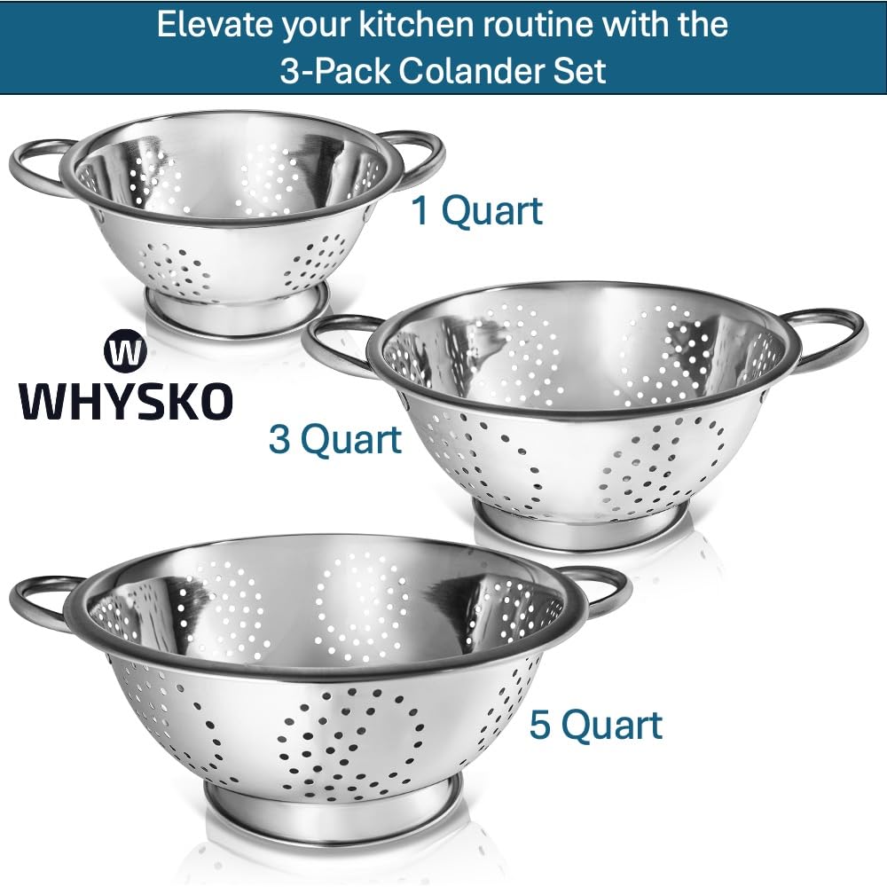 Whysko 3qt colander with handle ideal for rinsing vegetables.