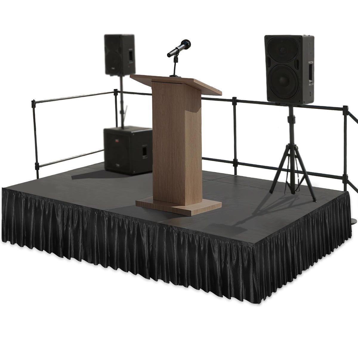Wibeelee black satin stage skirt on a platform adds a clean, elegant backdrop.
