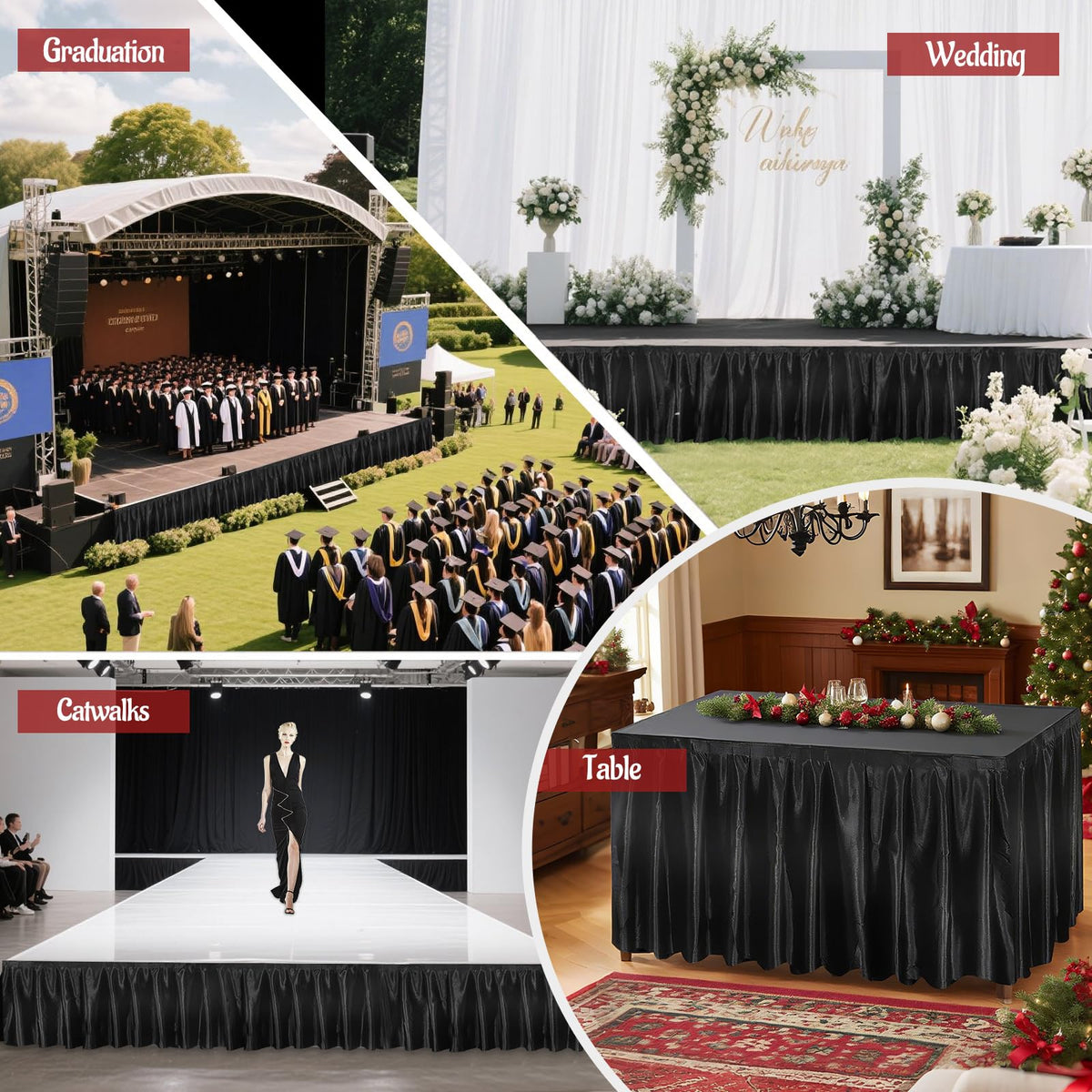 Wibeelee 16ft x 28in stage skirt fits most platforms.