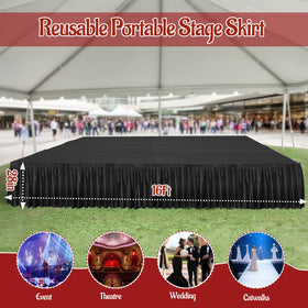 Wibeelee black satin stage skirt framing a wedding ceremony area.