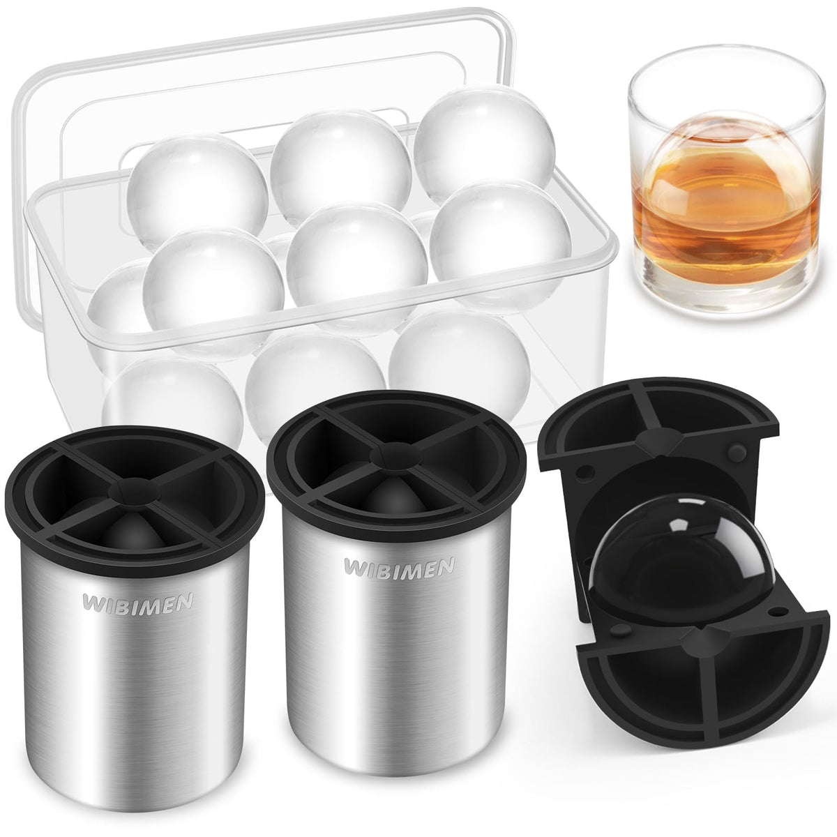 WIBIMEN clear ice maker 2.5-inch ball molds for pristine ice cubes ideal for cocktails.