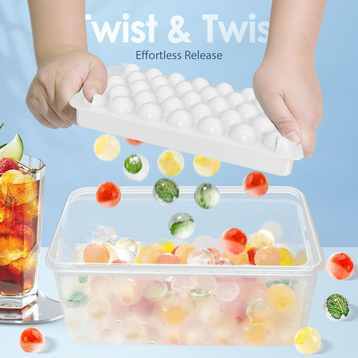 WIBIMEN easy-release round ice tray shows ready-to-use cubes after a gentle twist.