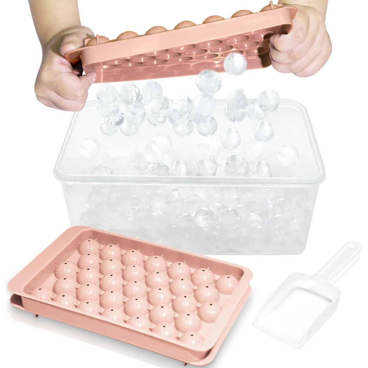 WIBIMEN round ice cubes with lid-bin tray for effortless release and tidy freezer storage.