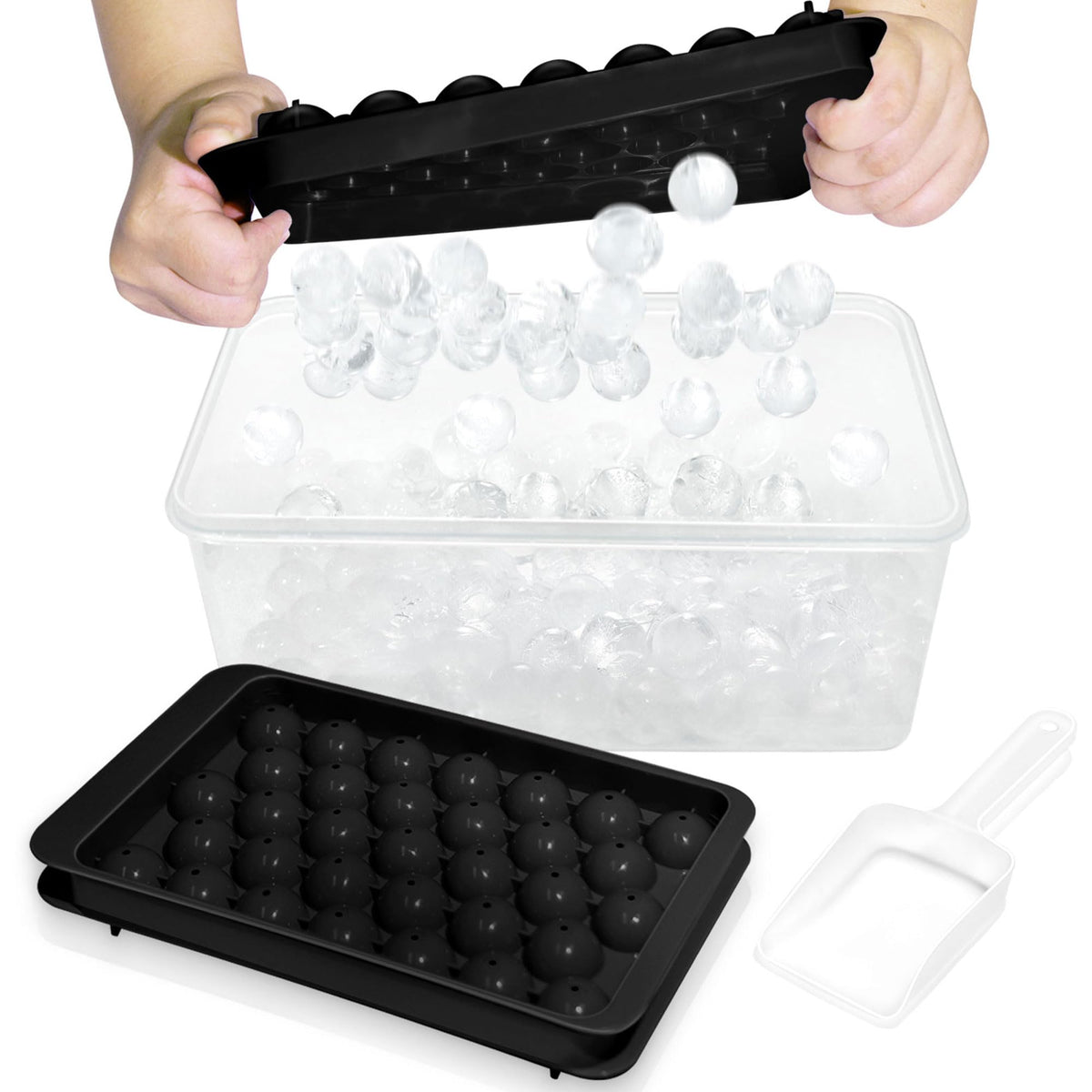 WIBIMEN round ice cubes tray with lid and bin for quick release and neat storage.