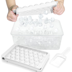 WIBIMEN round ice tray with lid and bin for compact freezer storage and quick release.