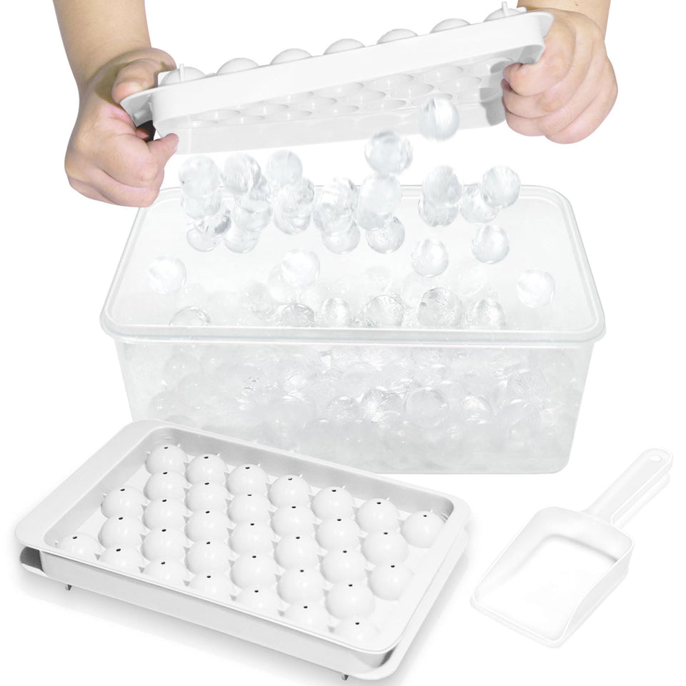 WIBIMEN round ice tray with lid and bin for compact freezer storage and quick release.