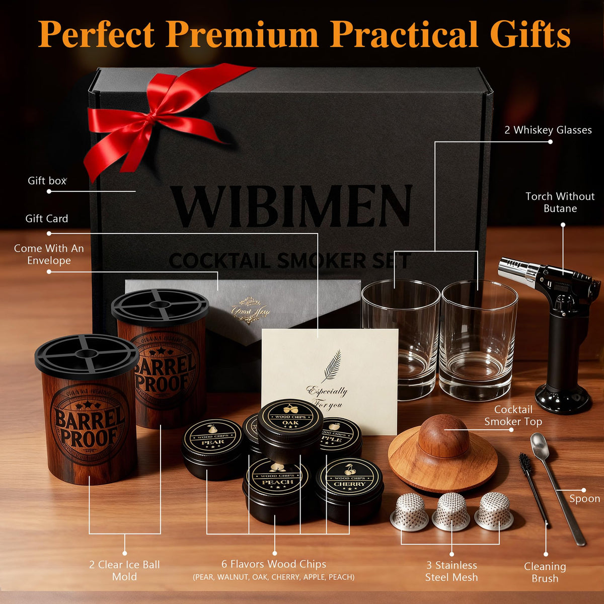 WIBIMEN whiskey smoker kit torch ignition highlights quick smoke for rich aromas.