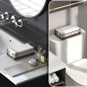 Wican towel holder tray on dining table for neat napkin storage.