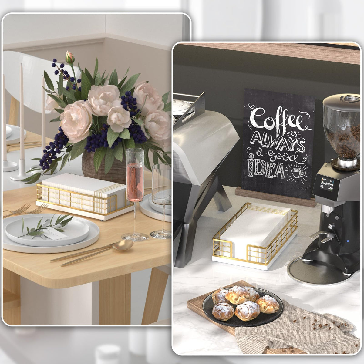 Wican towel holder tray in gold and white finish adds dining room elegance.
