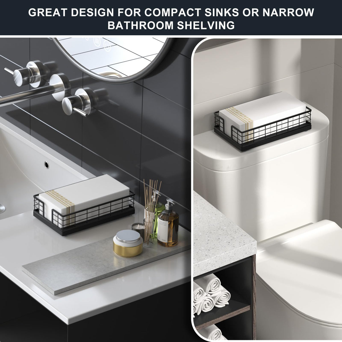 Wican towel holder top view showing large capacity for disposable hand towels in powder room.