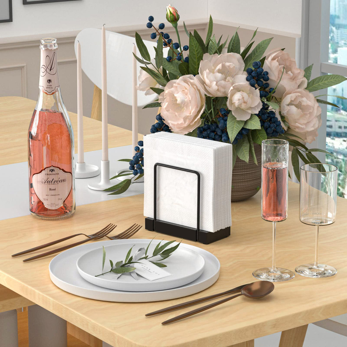 Wican bamboo-iron stand supports napkins with sturdy construction.