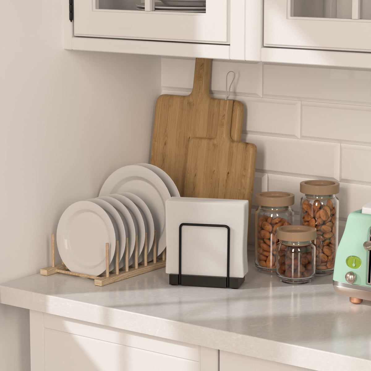 Wican napkin holder with silicone base protects surfaces from scratches.