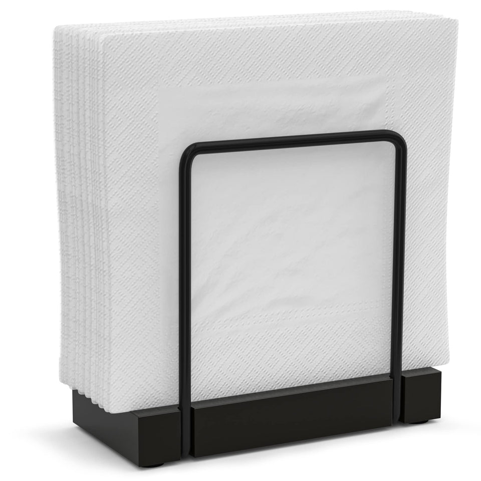 Wican napkin holder on table in black finish keeps napkins within easy reach.