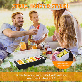 Filled garnishes display olives, fruit slices, and sauces in a WICHEMI caddy