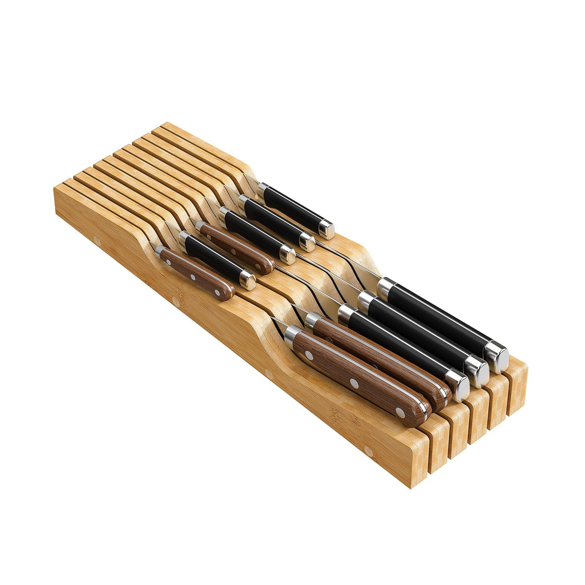 Wieghda bamboo in-drawer knife block highlighting 11-knife capacity with a clean wood finish.