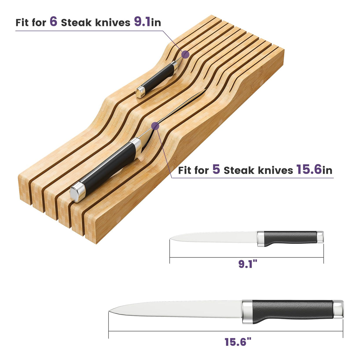 Wieghda compact countertop knife block saves precious counter space with a slim profile.