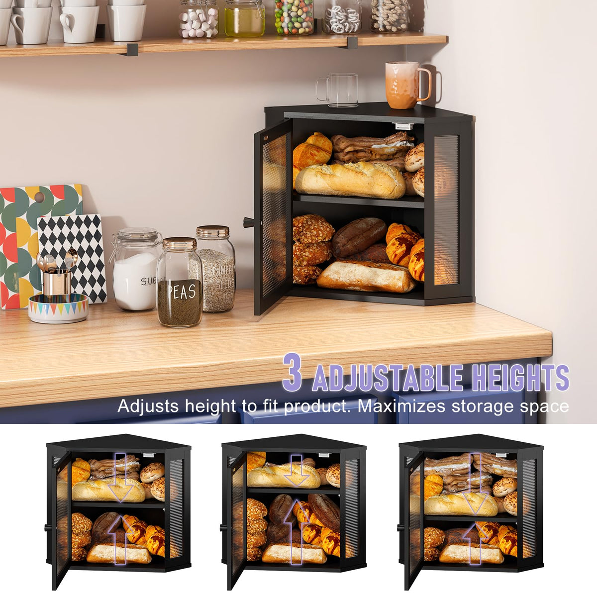Wieghda Corner Bread Box placed on a kitchen counter in a compact corner setup