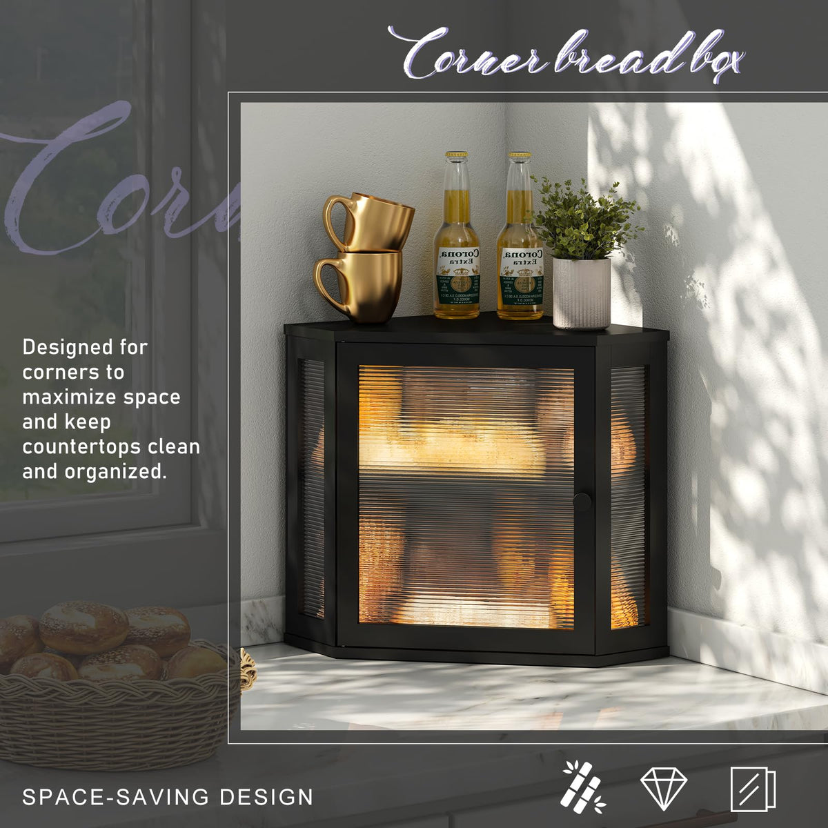 Wieghda Corner Bread Box open door reveals simple access and organization