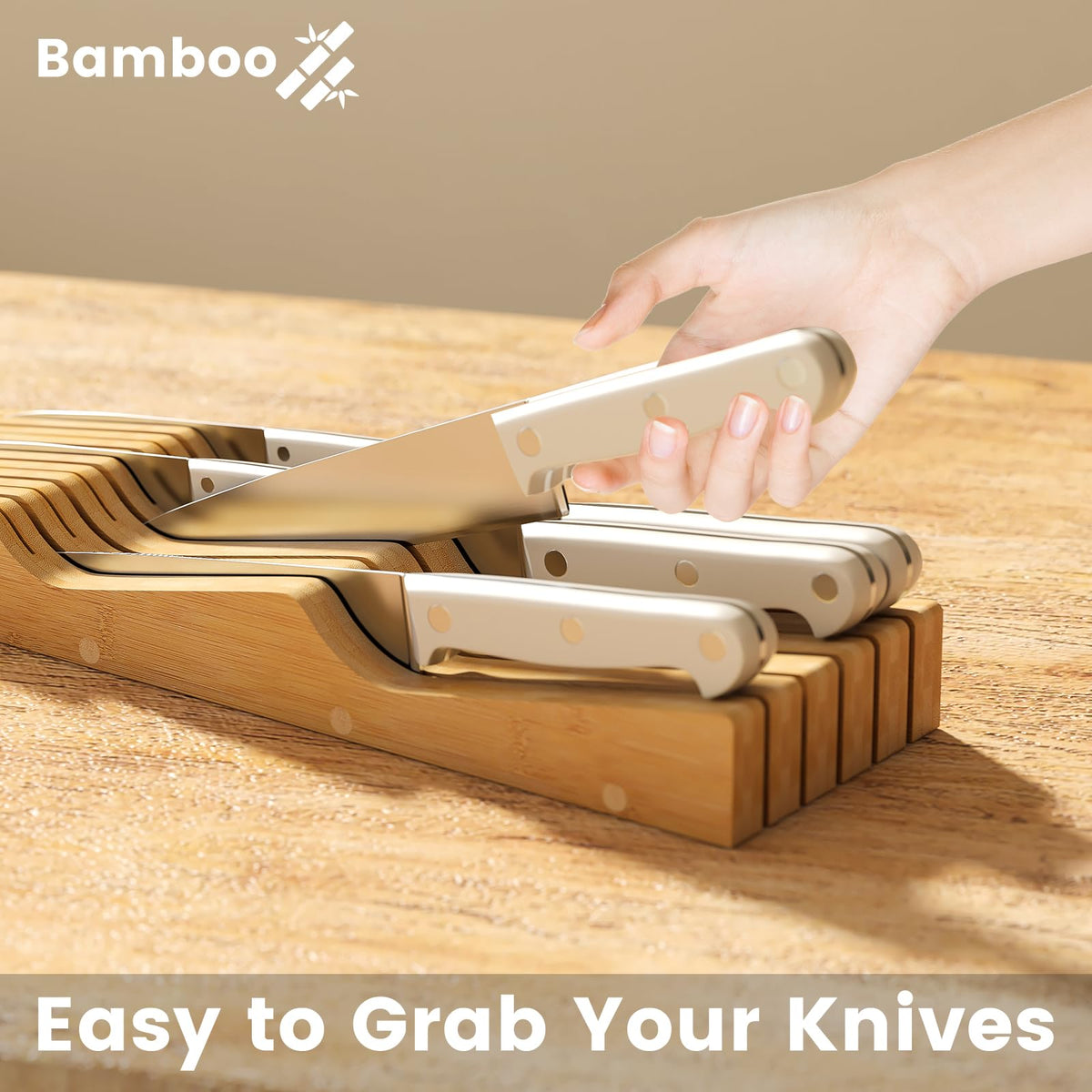 Wieghda knife drawer organizer keeps blades accessible and neatly arranged on the counter.