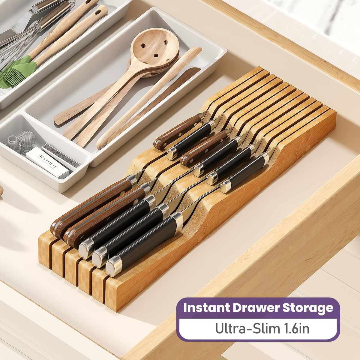 Wieghda knife slot organization helps quick knife retrieval for cooking prep.