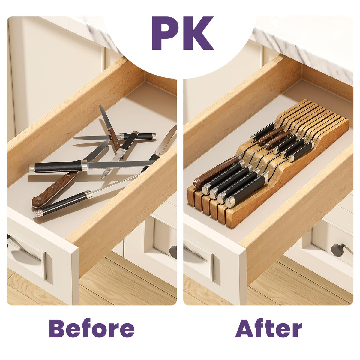Wieghda wooden knife block with weighted base provides stable countertop storage.