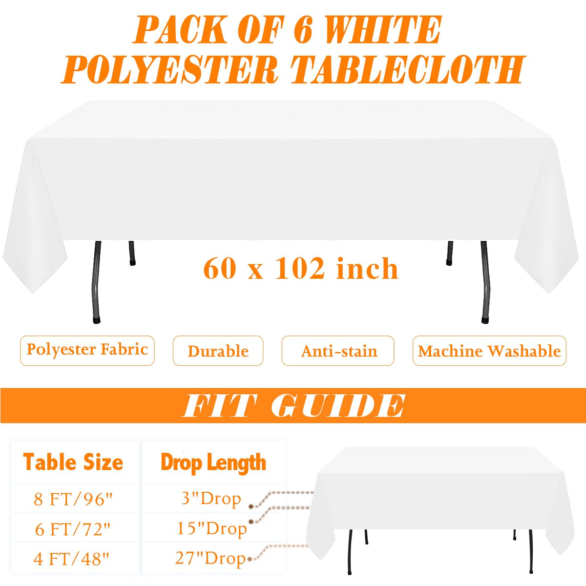 WIGENIUS six-pack rectangle tablecloths ideal for weddings and banquets.