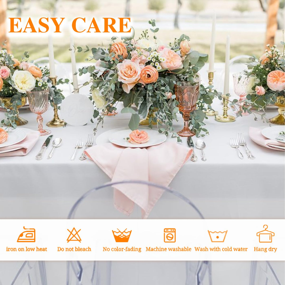 WIGENIUS machine-washable white tablecloth stays bright after use.