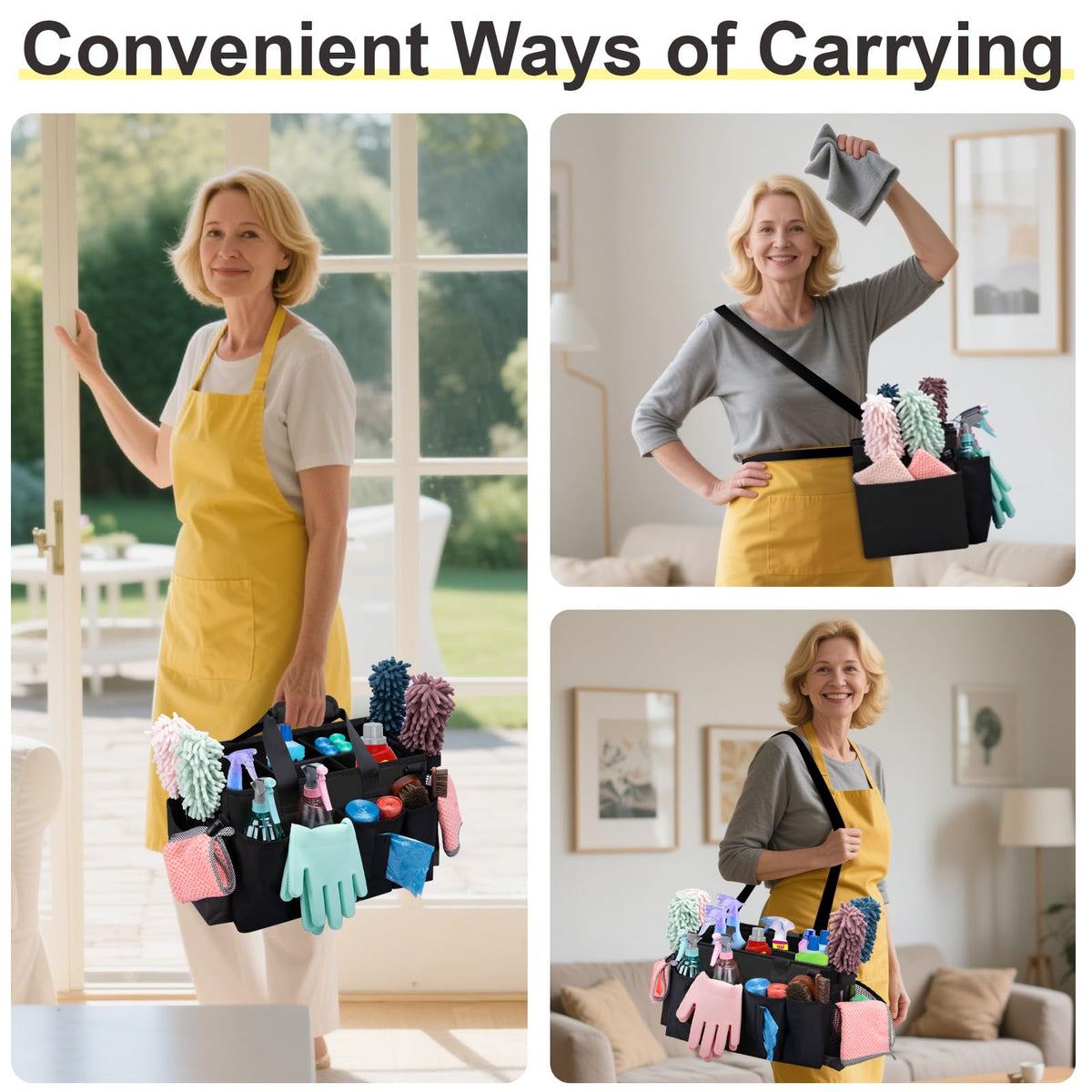 Wigojoy exterior pockets hold rags, gloves, and spray bottles for quick access