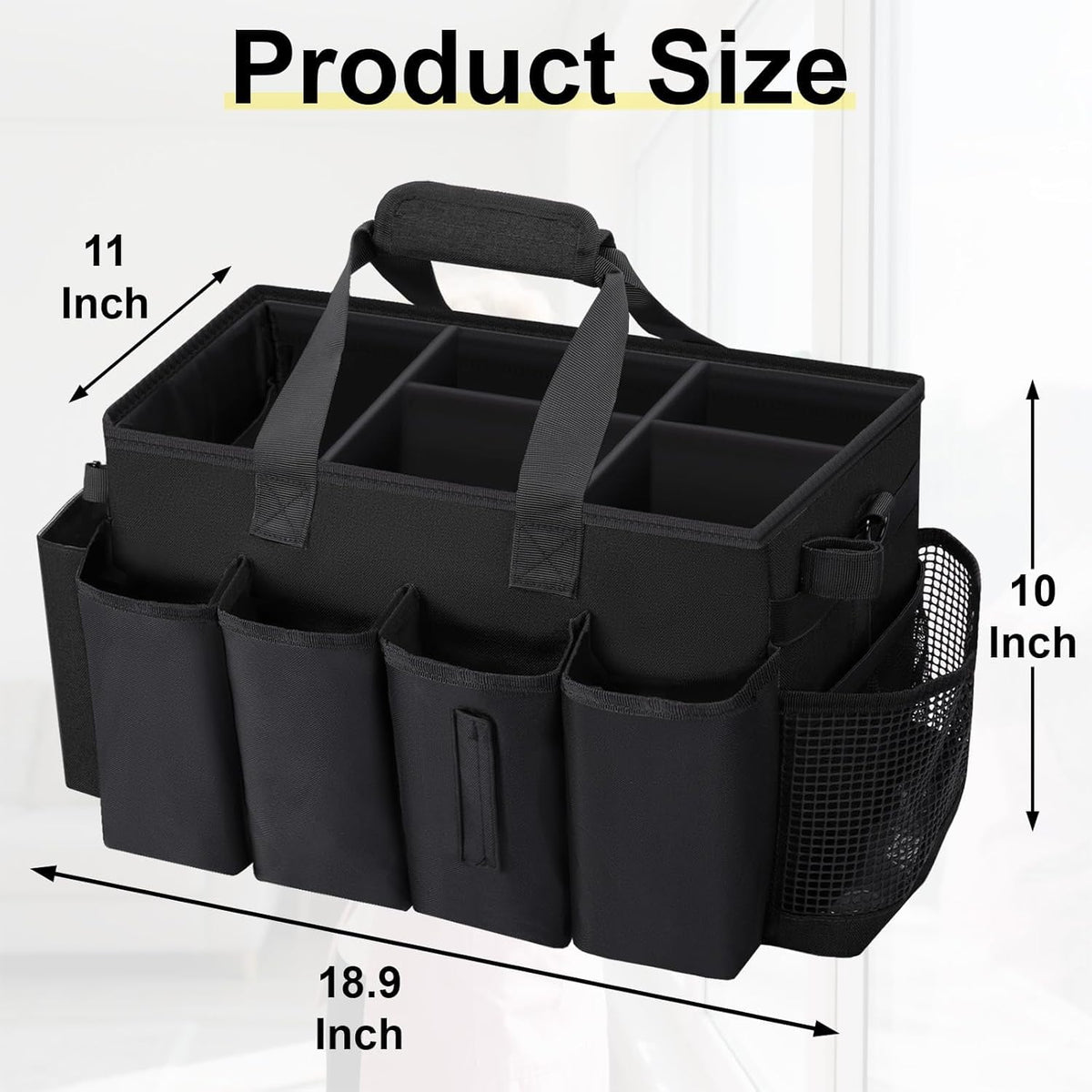 Wigojoy cleaning caddy with adjustable straps showing side pockets for tools