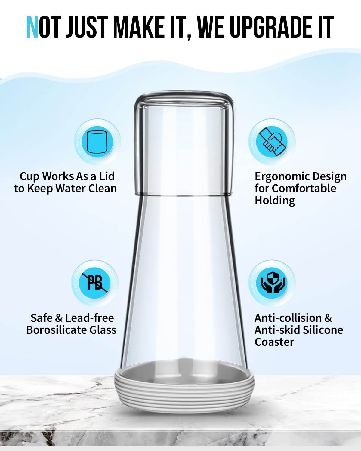Glass tumbler with silicone coaster from Wikapy ensuring stable, anti-slip use.
