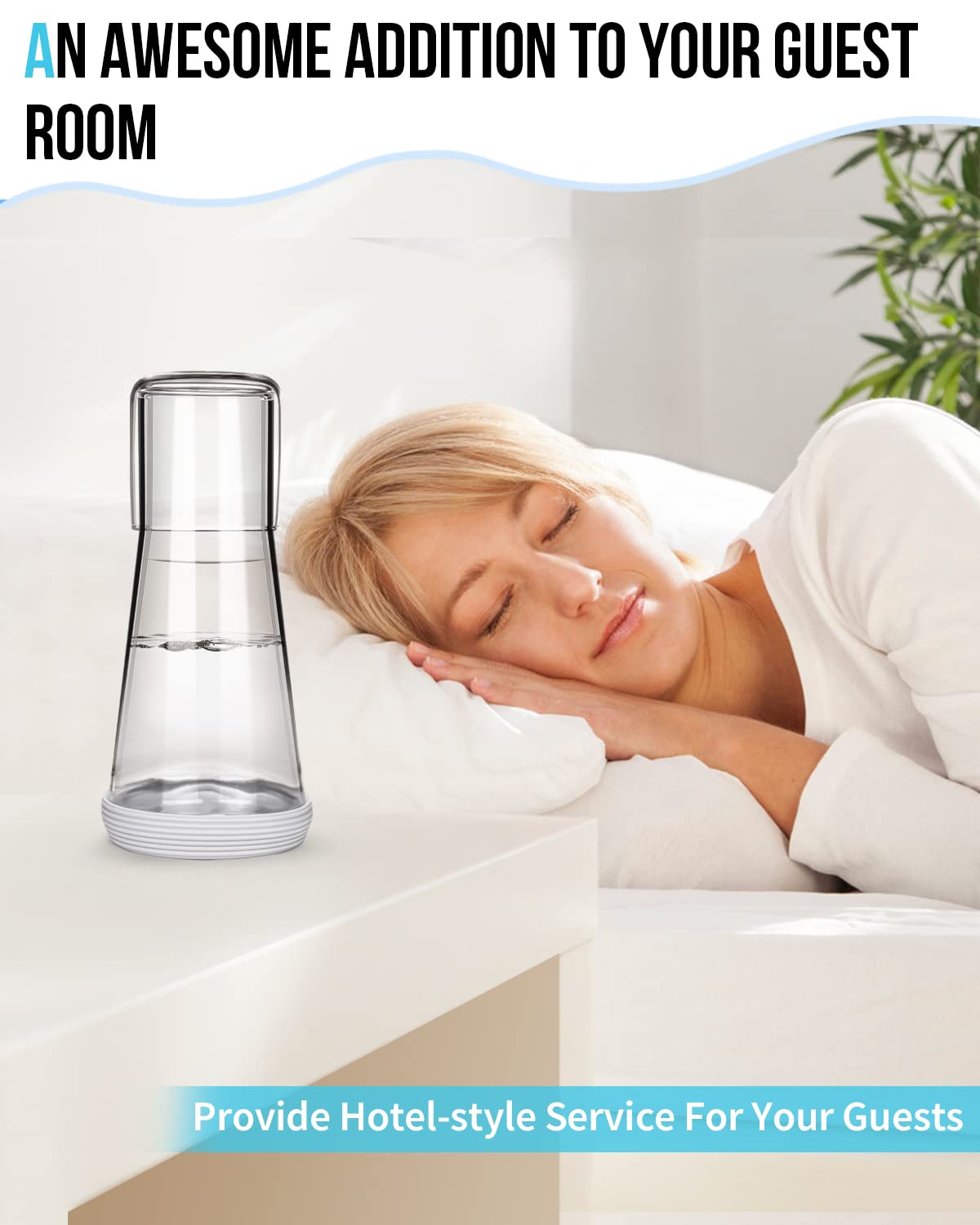 Nightstand setup with carafe keeps water within reach for midnight sips.