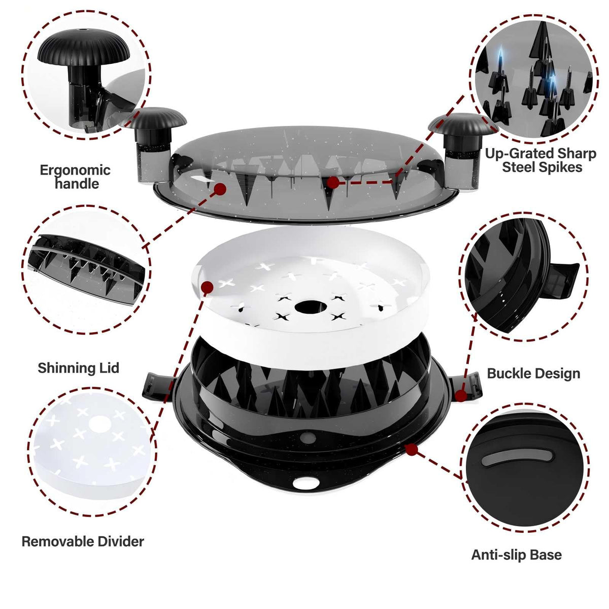 Wiki Jooy chicken shredder buckle design shown for tidy shredding.