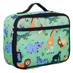 Wildkin Kids Insulated Lunch Box front view with wild animals pattern keeps meals fresh.