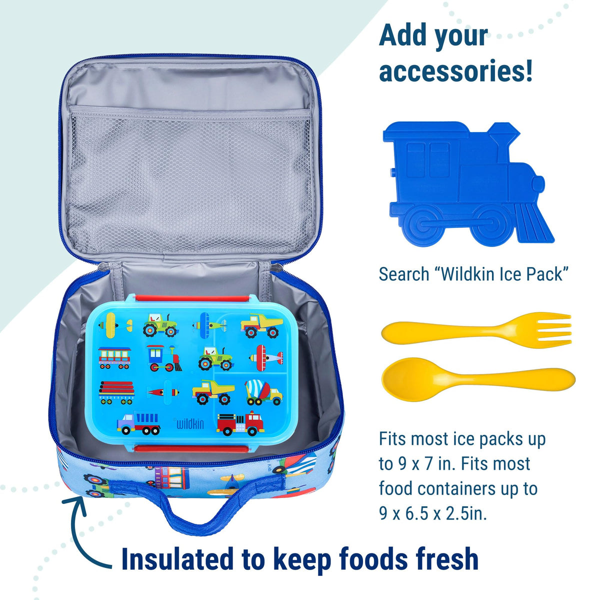 Wildkin kids lunch box coordinate-backpack displaying matching gear set