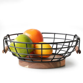 Wildmos fruit basket with acacia base, 10-inch diameter for airy produce storage.