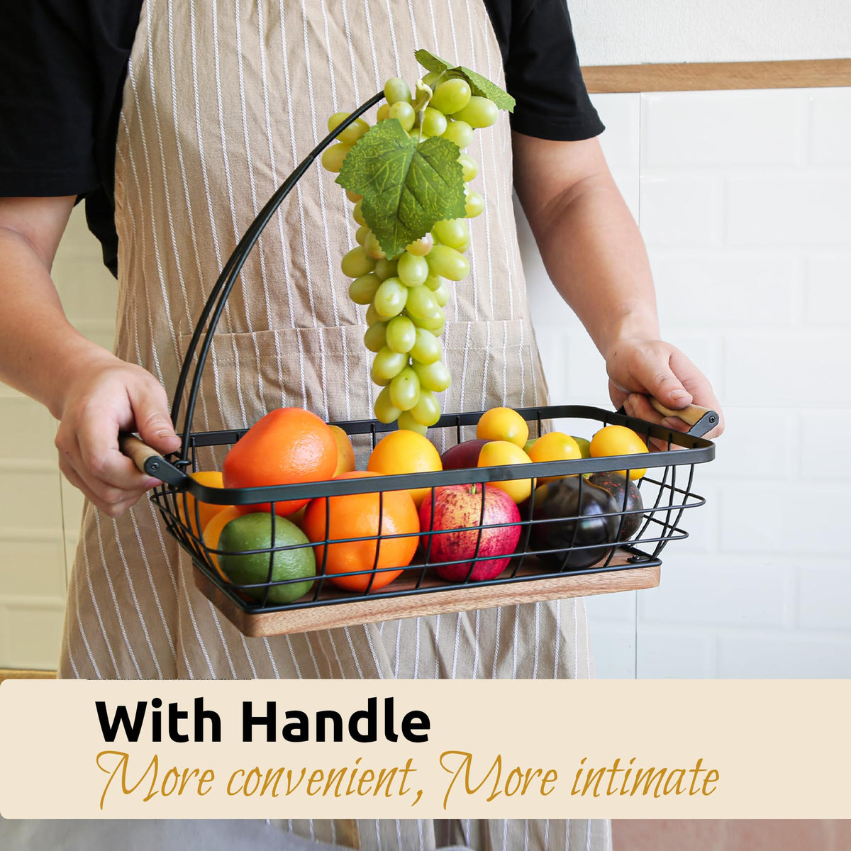WILDMOS metal wire fruit bowl with wooden base offers durable kitchen storage.