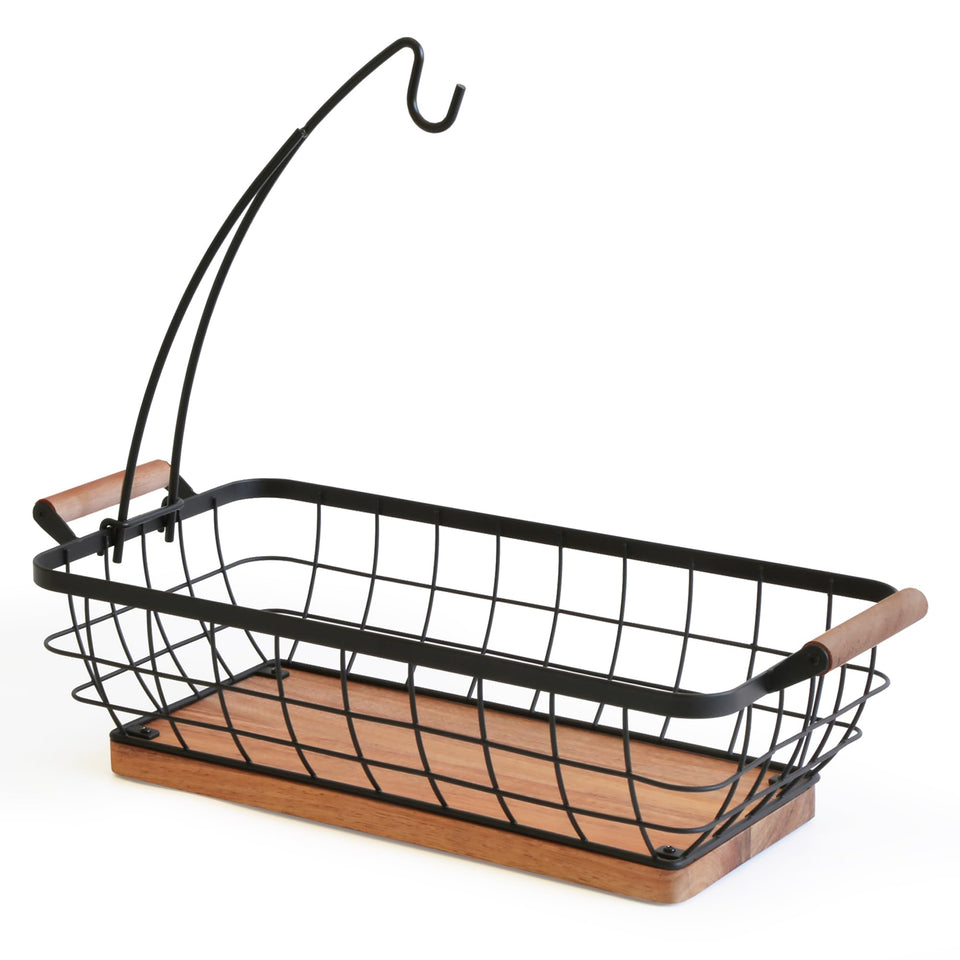 WILDMOS rectangular fruit basket with banana hanger on countertop keeps produce organized.