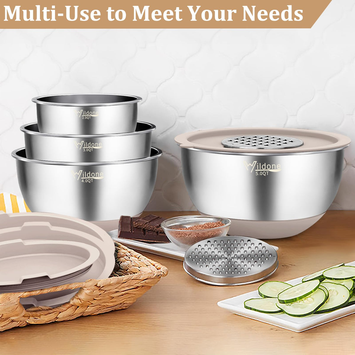 Wildone bowls are dishwasher-safe; lids and graters require hand washing.