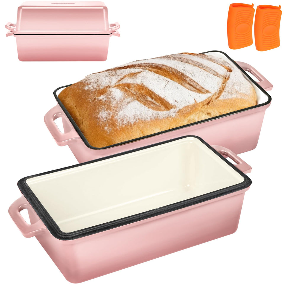 Wildone enameled cast iron bread loaf pan in pink for even baking