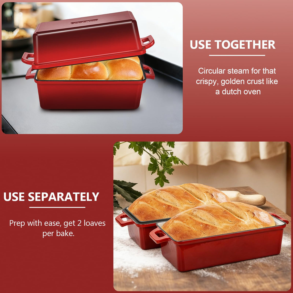 Wildone handle covers on enameled cast iron bread pan for safe baking