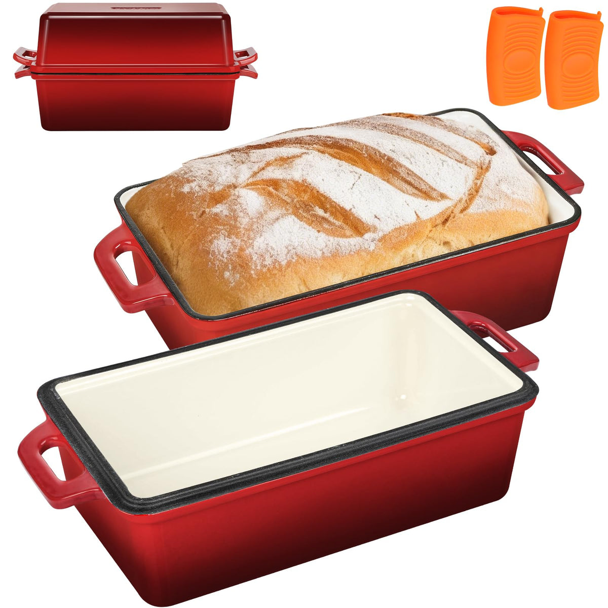 Wildone enameled cast iron bread pan with lid showing even heat and crust ready loaf