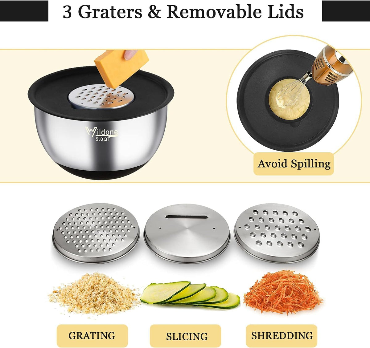 Wildone three grater attachments for slicing, grating, and shredding.