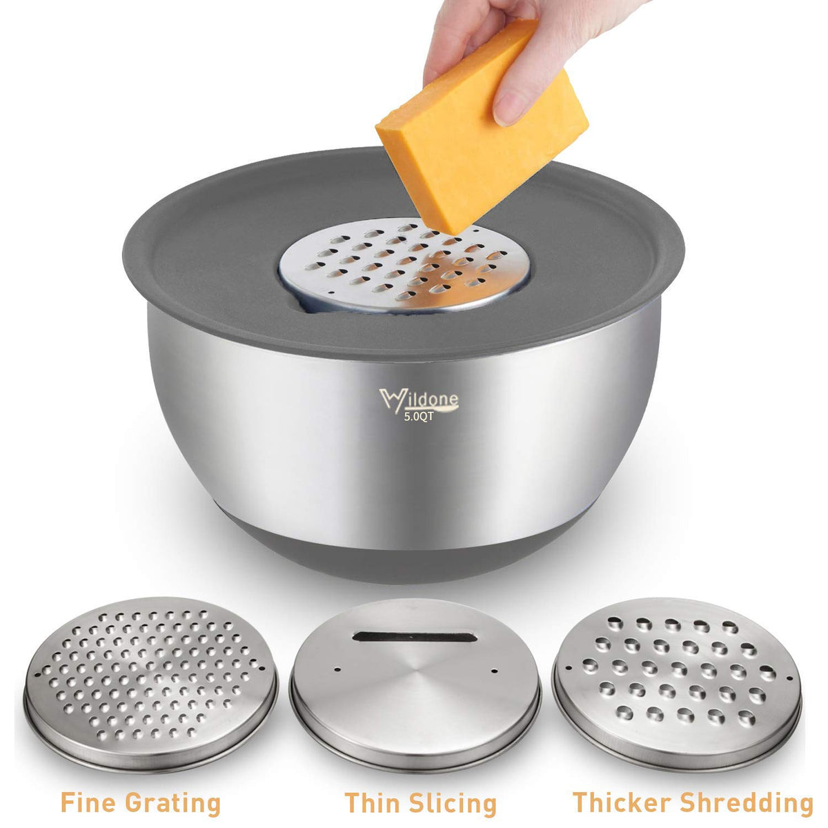 Wildone grater attachments enable quick zesting and shredding in bowls.