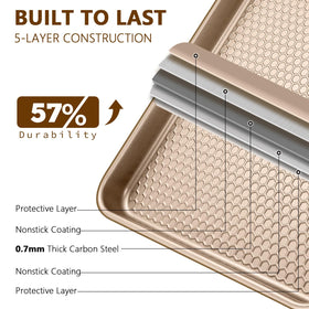 Wildone jelly roll pan with rimmed border design prevents spills and supports airflow.