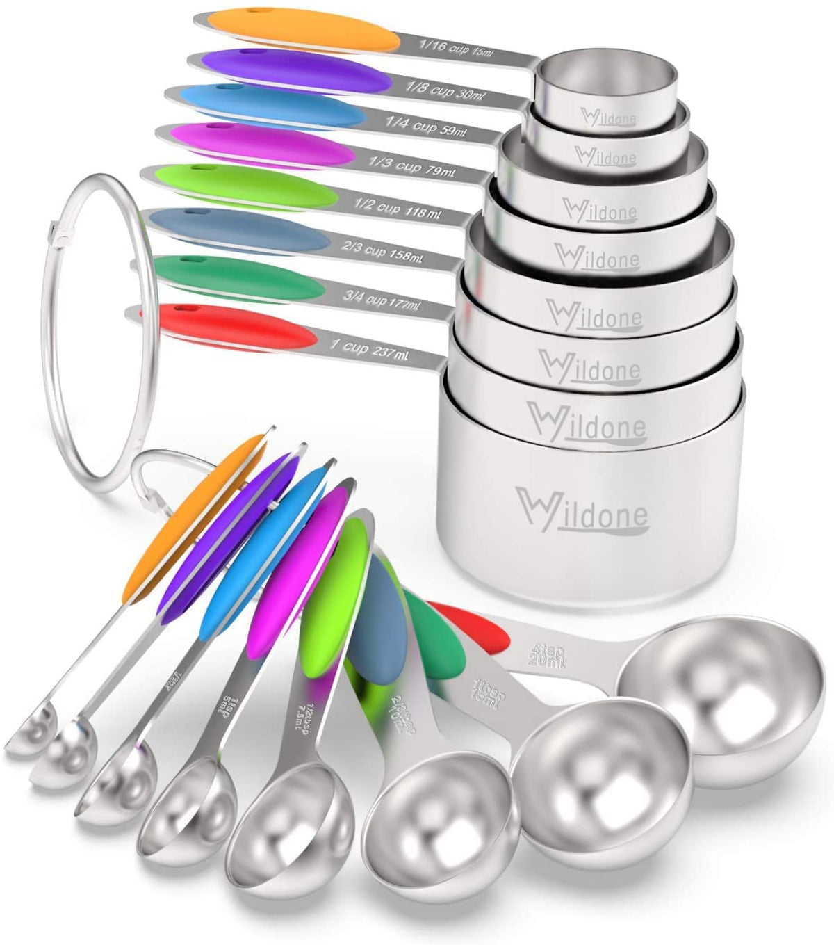 Wildone measuring cups set with 8 nesting cups for compact, organized storage.