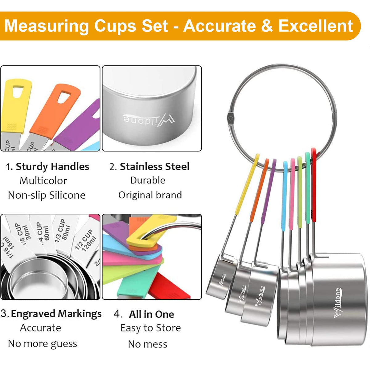 Wildone measuring cups displaying engraved US and metric marks for easy reading.