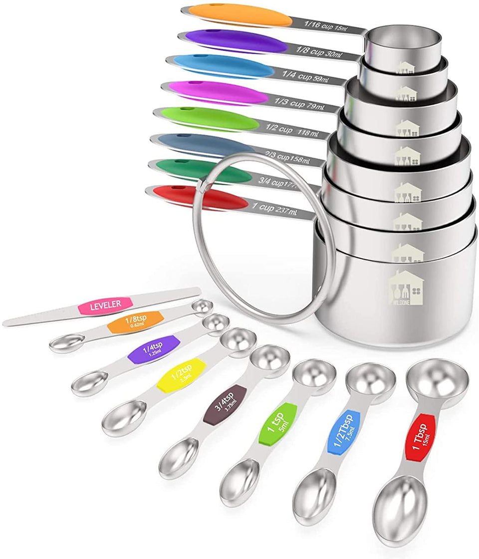 Wildone measuring cups set in eight sizes with non-slip silicone handles for easy gripping.
