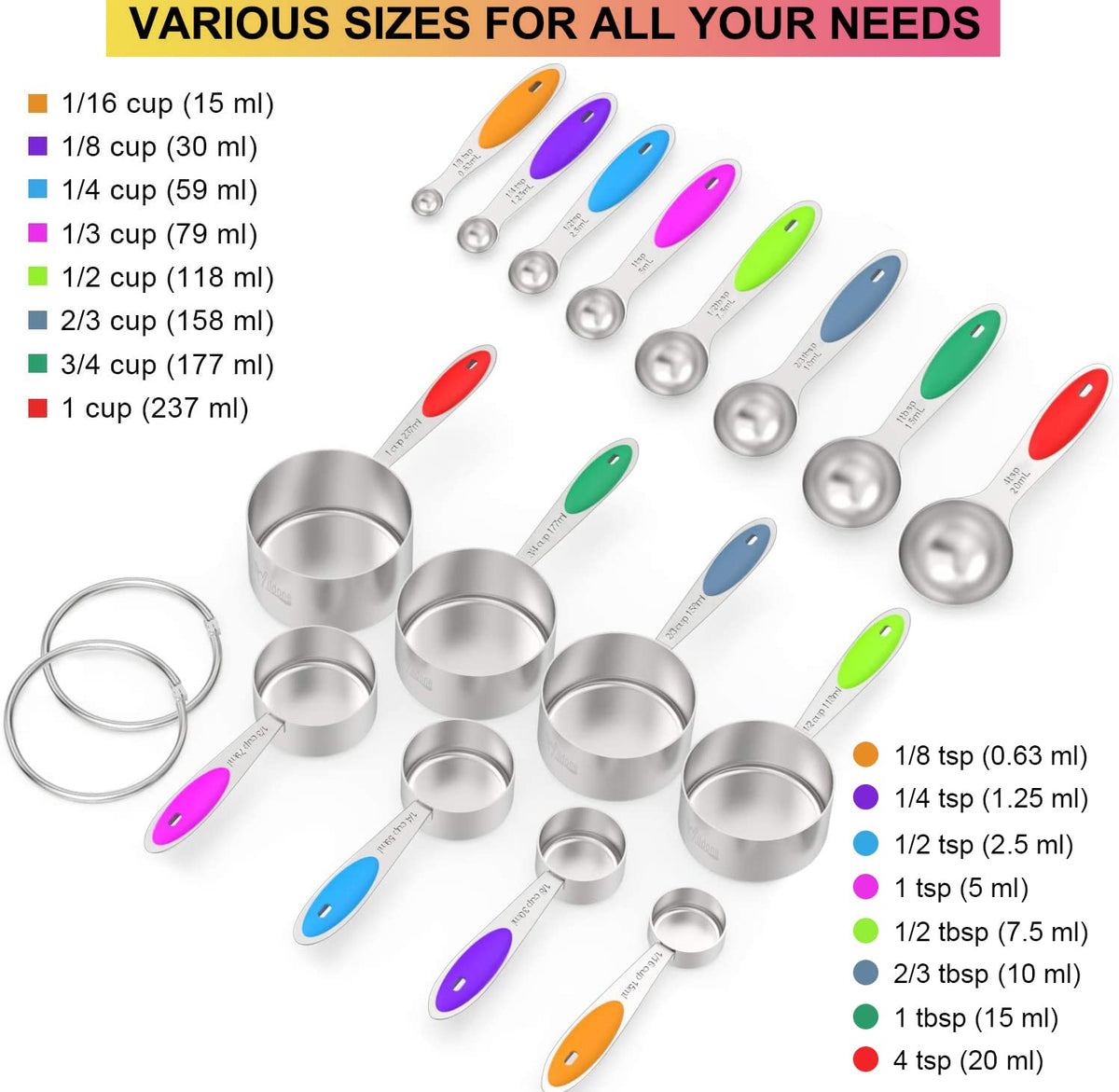 Wildone measuring spoons with colored silicone handles for easy grip and control.